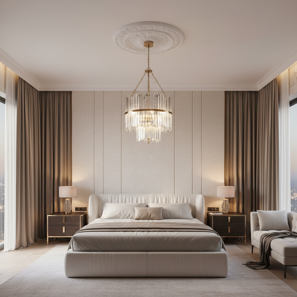 Riviko Radiant Prism Crystal Pendant - luxurious American master suite