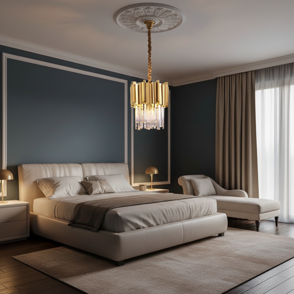 Riviko Radiant Prism Crystal Pendant - luxurious American master suite