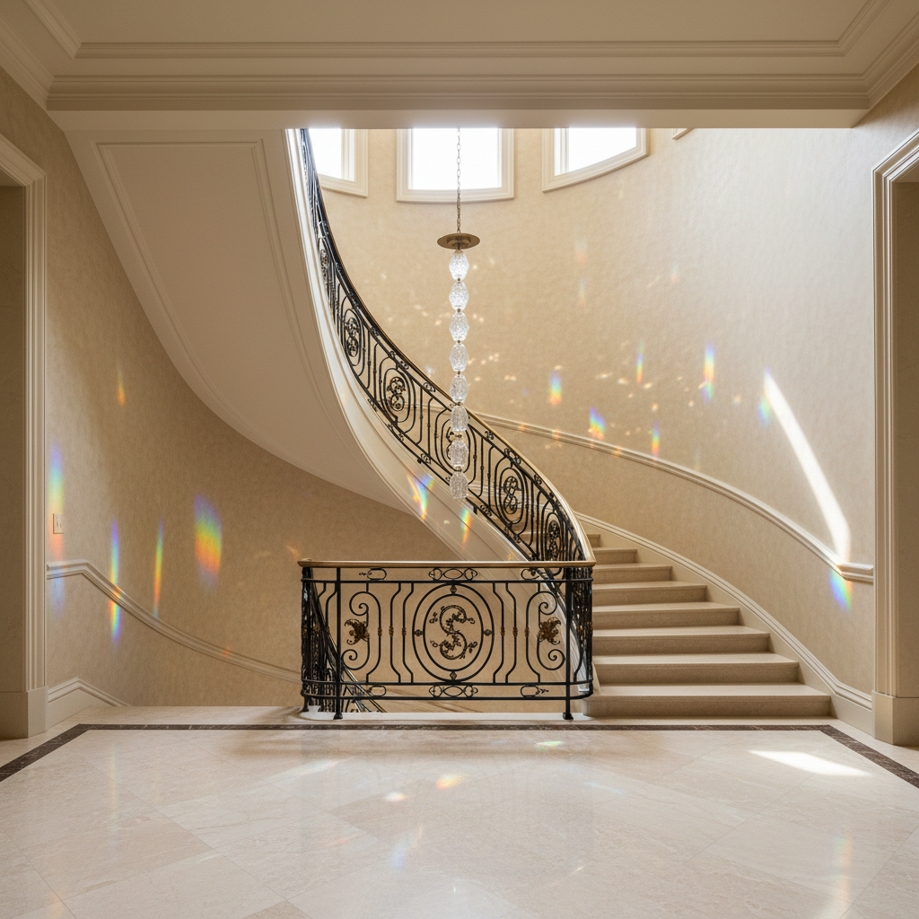 Riviko Radiant Facet Integrated LED Pendant - dramatic American stairwell with soaring ceiling