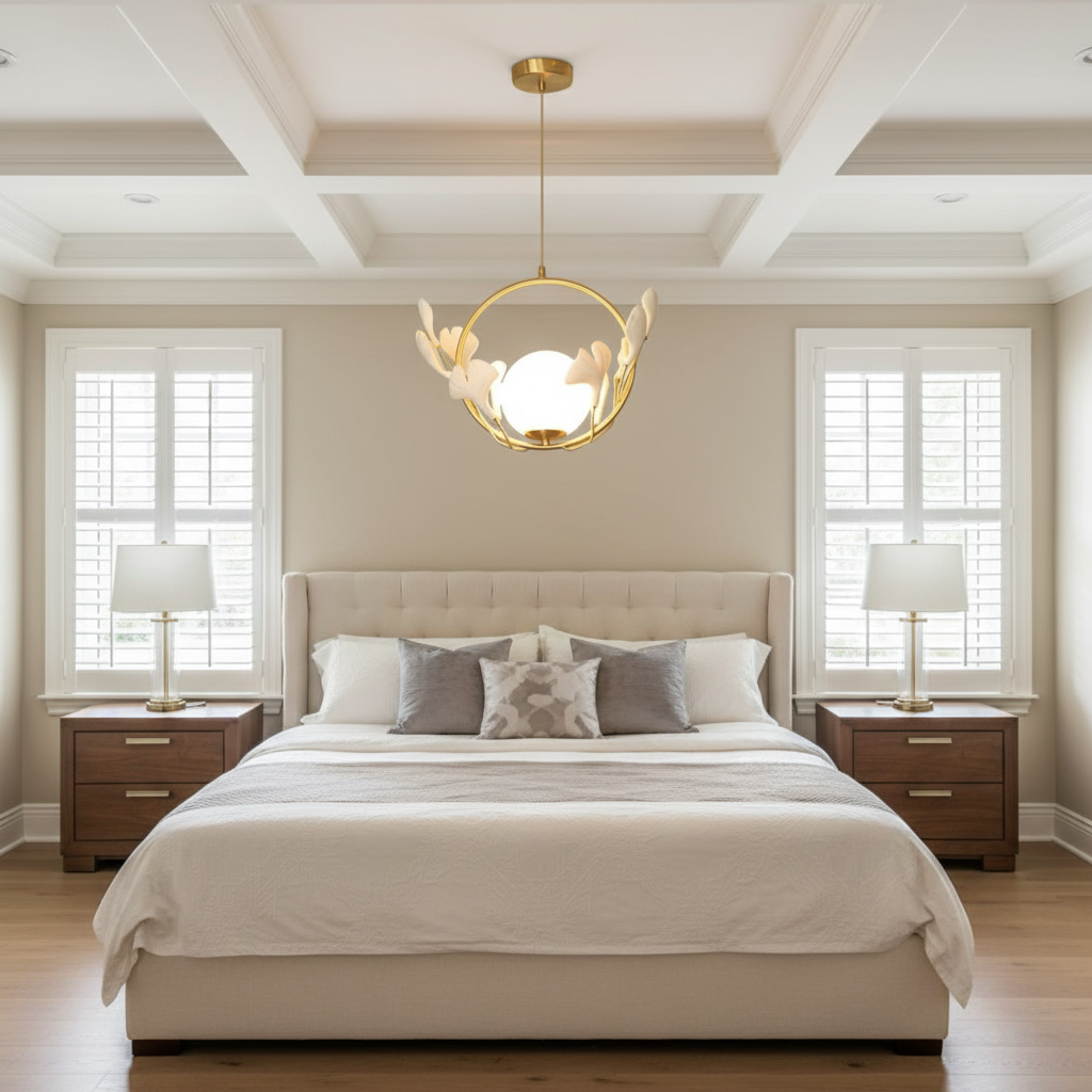 Riviko Veridian Bloom Ceramic Pendant Lamp - American master bedroom with coffered ceiling