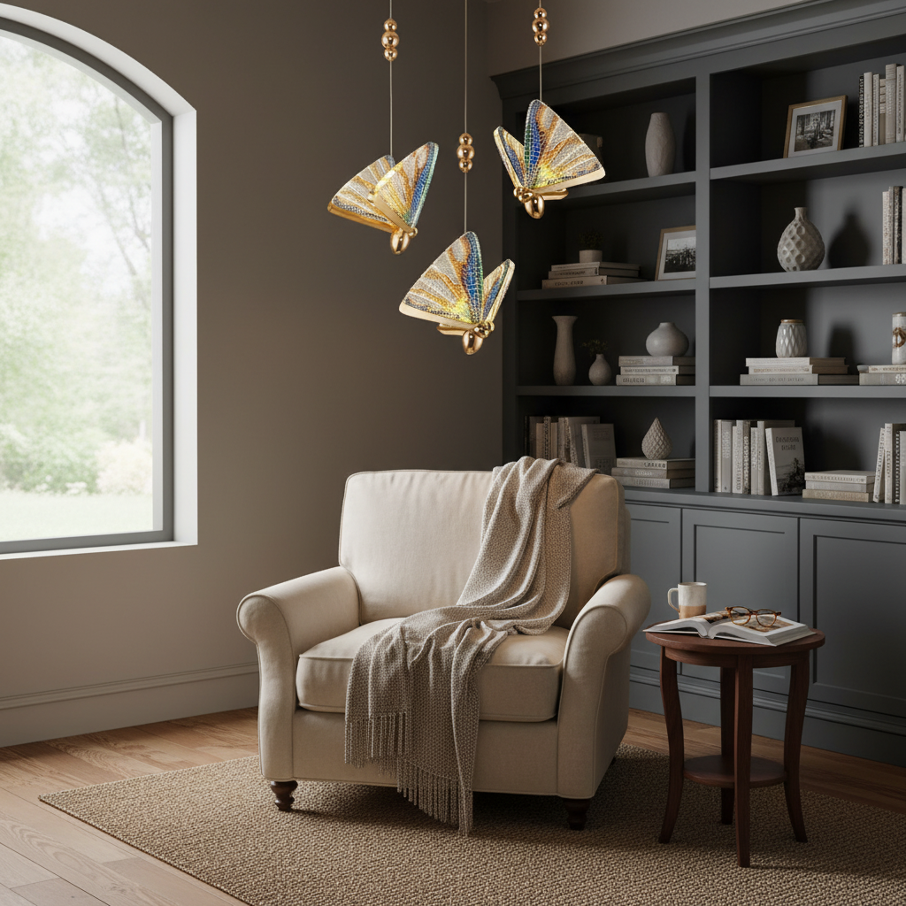 Riviko Fluttering Radiance LED Pendant Light - cozy American reading nook by a window