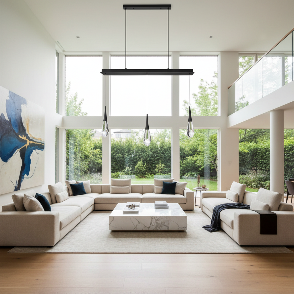 Riviko Radiant Cascade Linear LED Multi Pendant - American contemporary living room with double-height ceiling