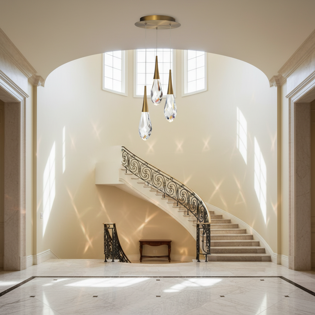 Riviko Raindrop Radiance Multi-Light LED Pendant - dramatic American stairwell with soaring ceiling