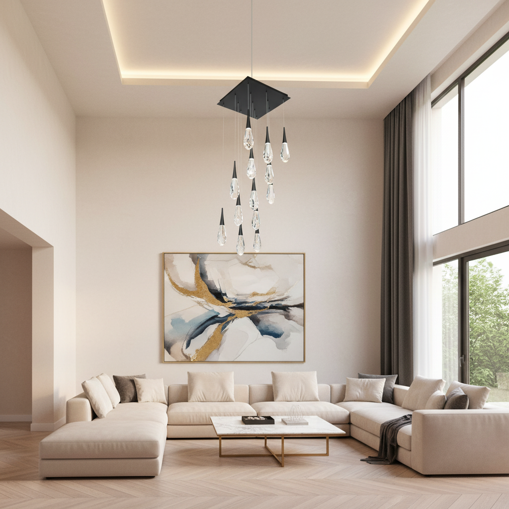 Riviko Radiant Cascade Square LED Multi Pendant - American contemporary living room with double-height ceiling
