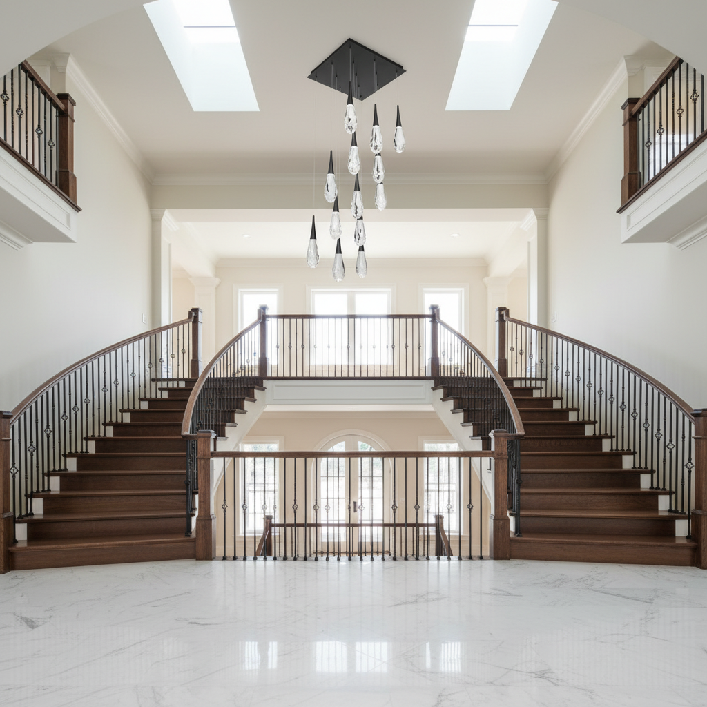 Riviko Radiant Cascade Square LED Multi Pendant - dramatic American stairwell with three-story void