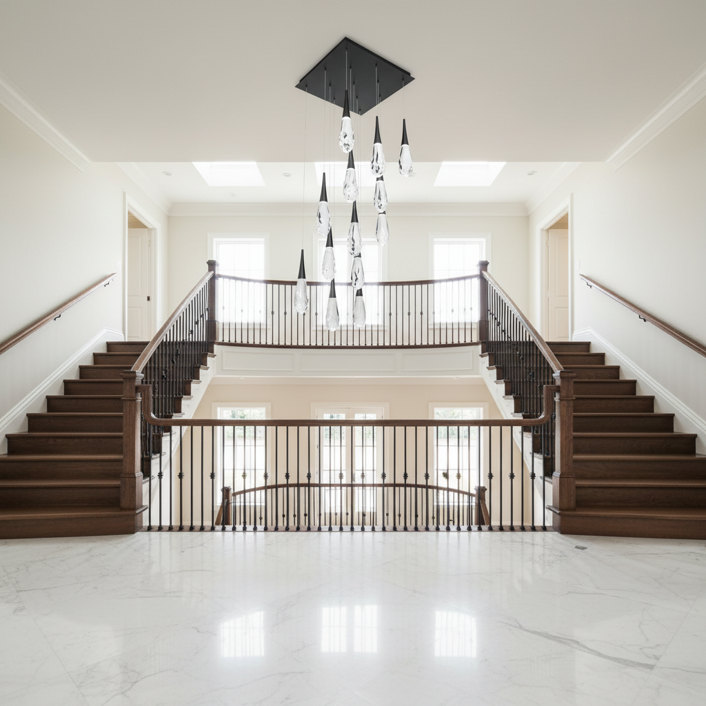 Riviko Hibiscus Square LED Multi Pendant Light - dramatic American stairwell with three-story void