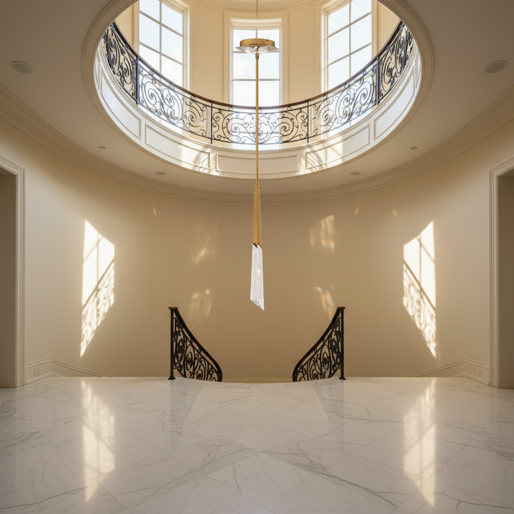 Riviko Radiant Prism Mini LED Pendant - dramatic American stairwell with soaring ceiling