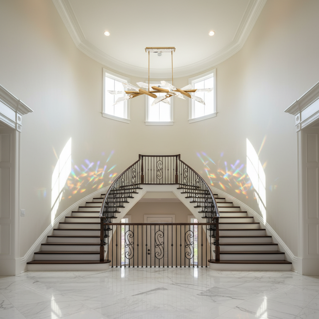 Riviko Radiant Shard Linear LED Pendant - dramatic American stairwell with soaring ceiling