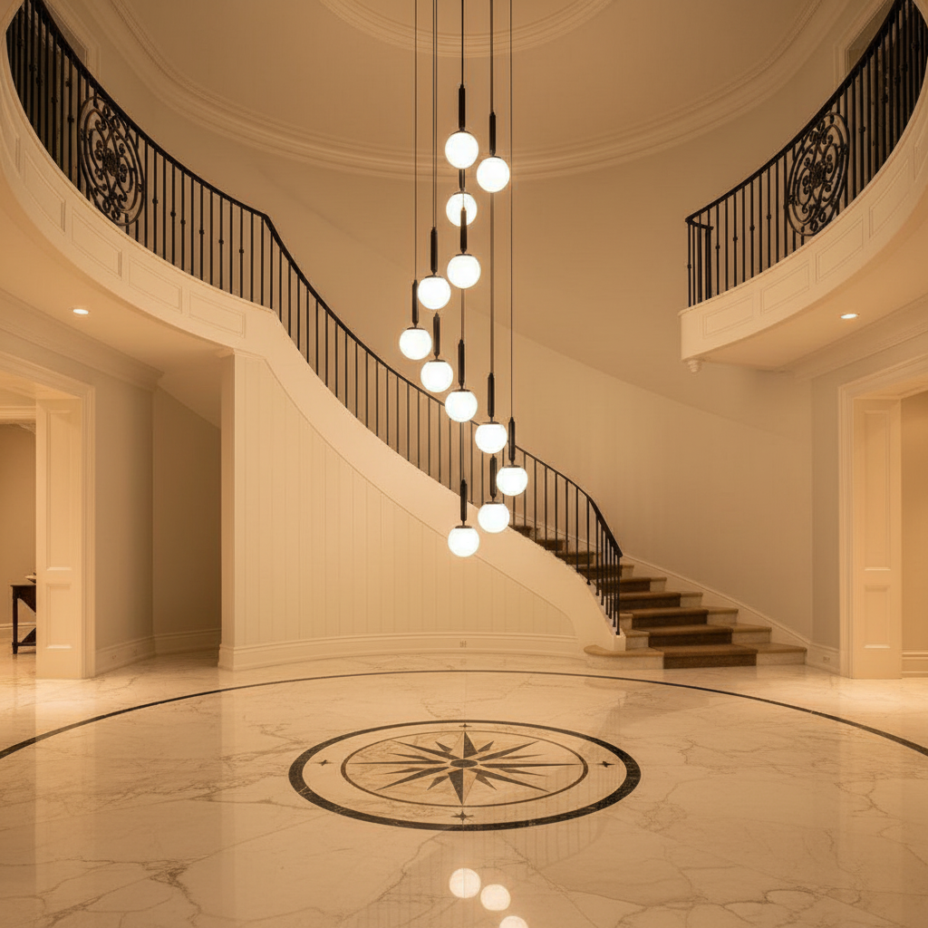 Riviko Grand Ascent Minimalist Long Pendant Light - grand American foyer with two-story ceiling