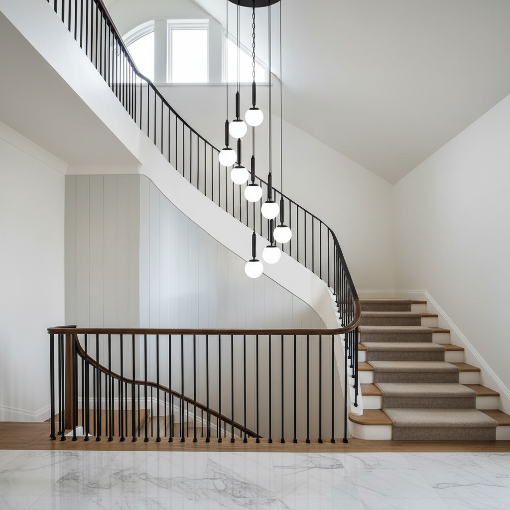Riviko Grand Ascent Minimalist Long Pendant Light - dramatic American stairwell with soaring ceiling