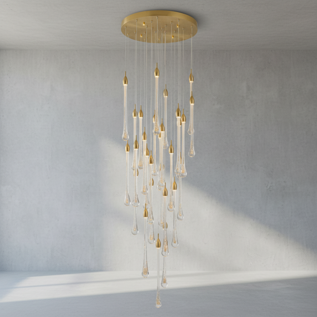 Riviko Veridian Raindrop Brass Pendant Chandelier - Background Shot