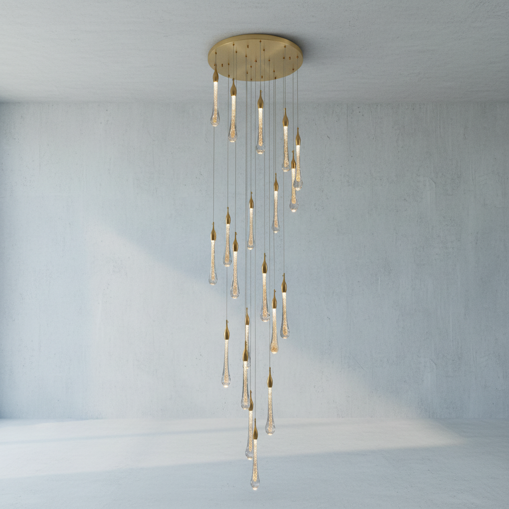 Riviko Veridian Raindrop Brass Pendant Chandelier - Background Shot