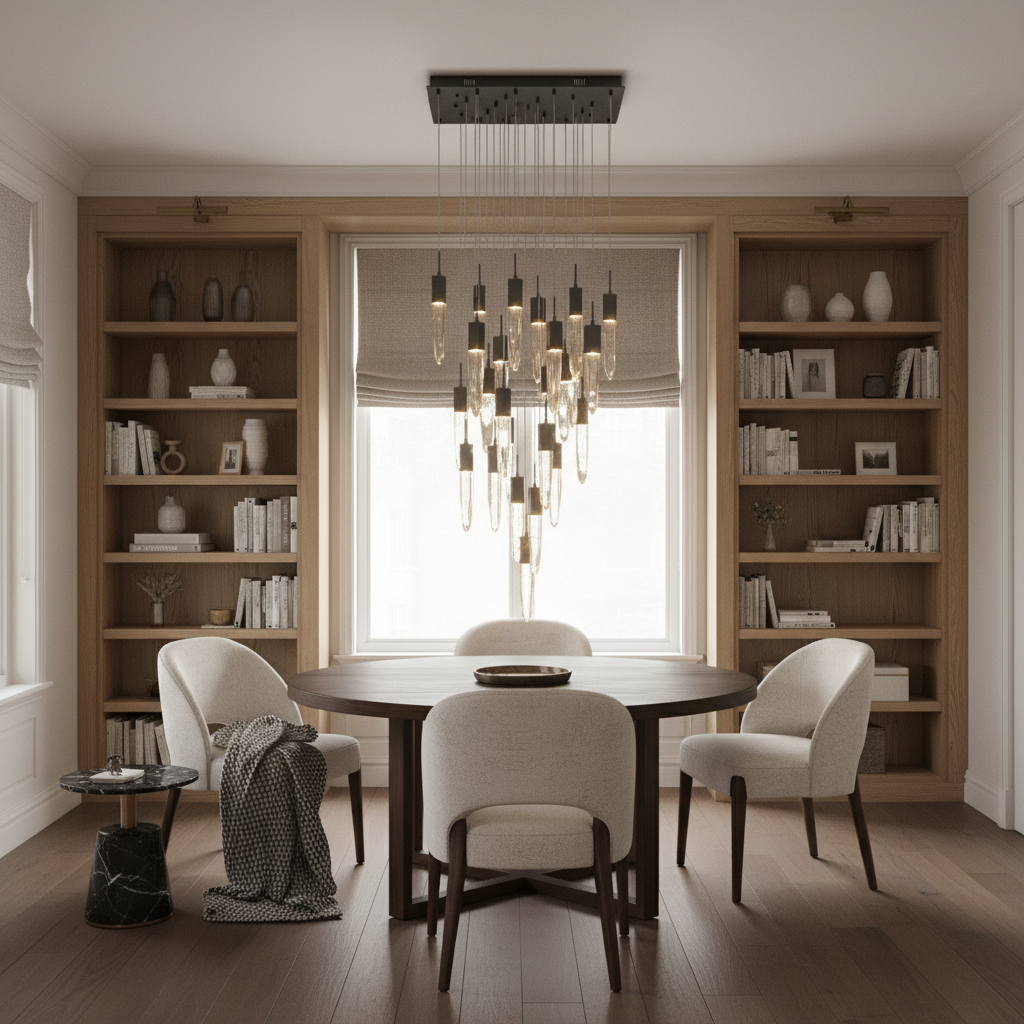 Riviko Cosmic Radiance Round/Rectangle Crystal Pendant Chandelier - cozy American reading nook by a window