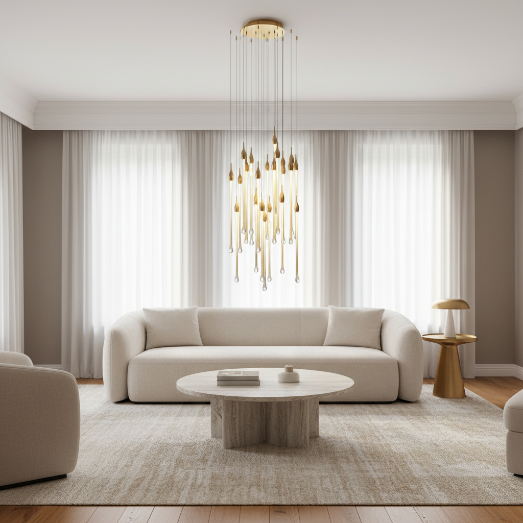 Riviko Veridian Raindrop Brass Pendant Chandelier - sophisticated American living room