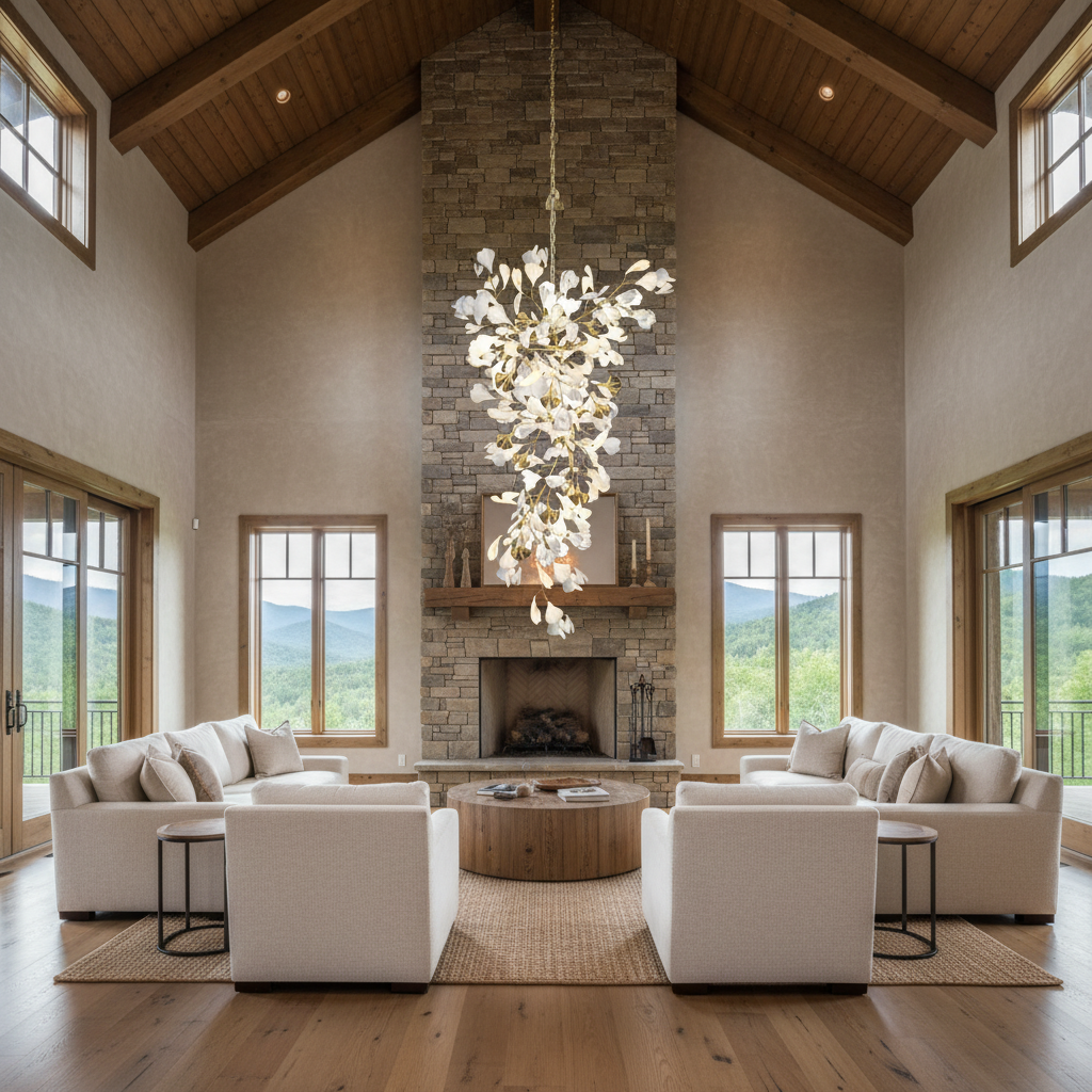 Riviko Ginkgo Canopy Branch Chandelier - American transitional great room with cathedral ceiling