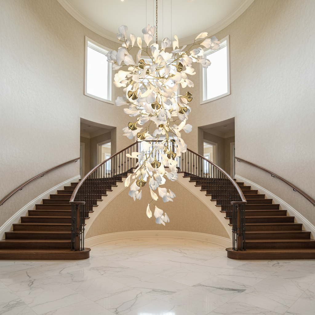 Riviko Ginkgo Canopy Branch Chandelier - dramatic American stairwell with soaring ceiling