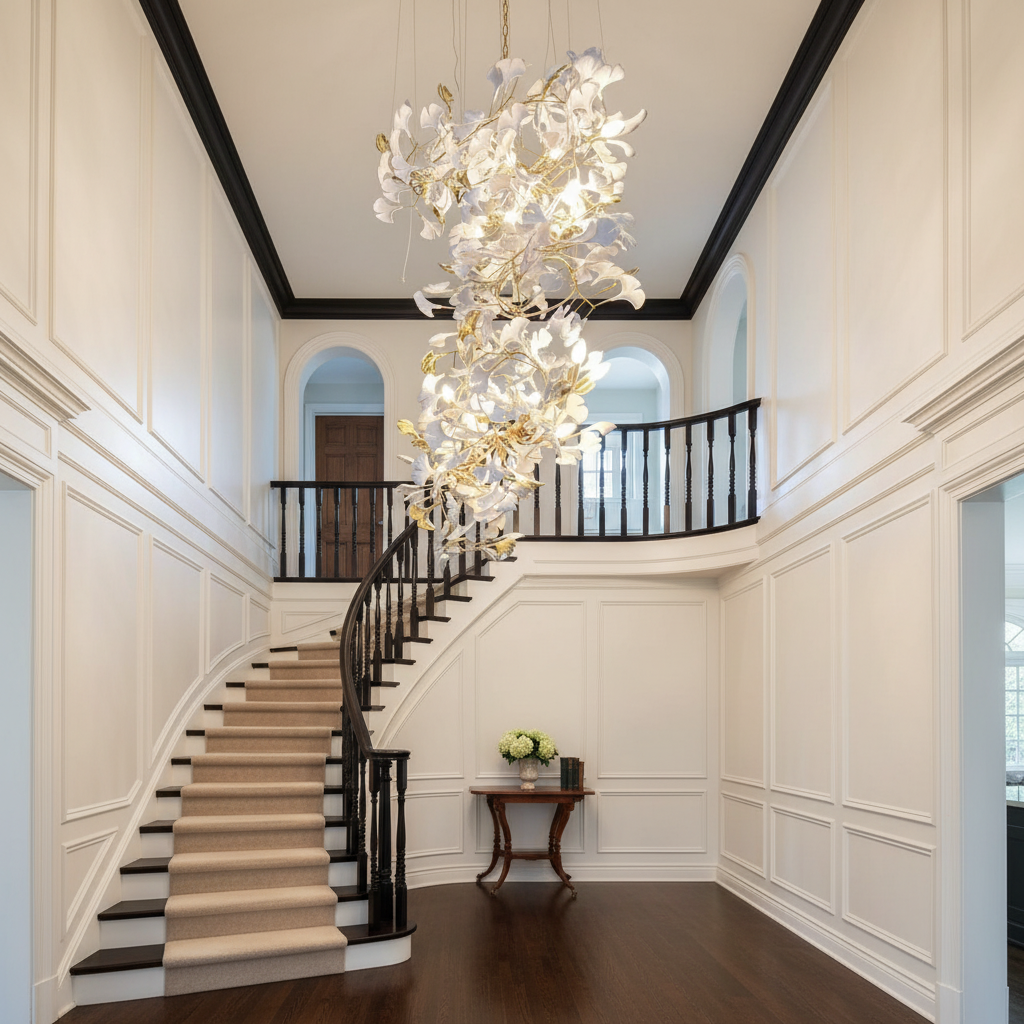 Riviko Artistic Tree Branch Pendant Light with Ceramic Ginkgo Leaves for High Ceilings in Hotel or Home - elegant American entryway with arched doorway