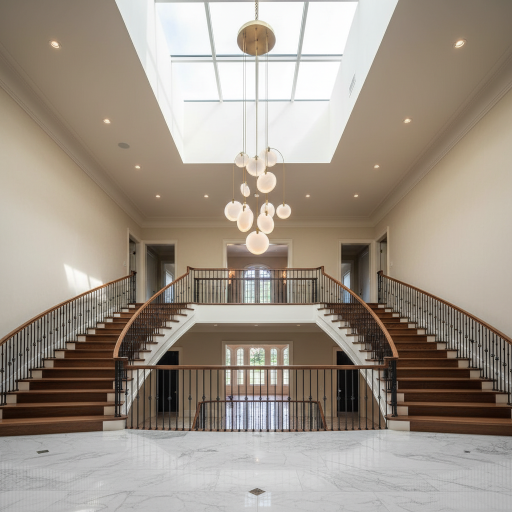 Riviko Lunar Bloom Natural Marble Pendant Light Fixture - dramatic American stairwell with three-story void