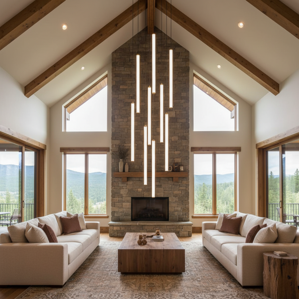 Riviko Aura Streamline White LED Pendant - American transitional great room with cathedral ceiling