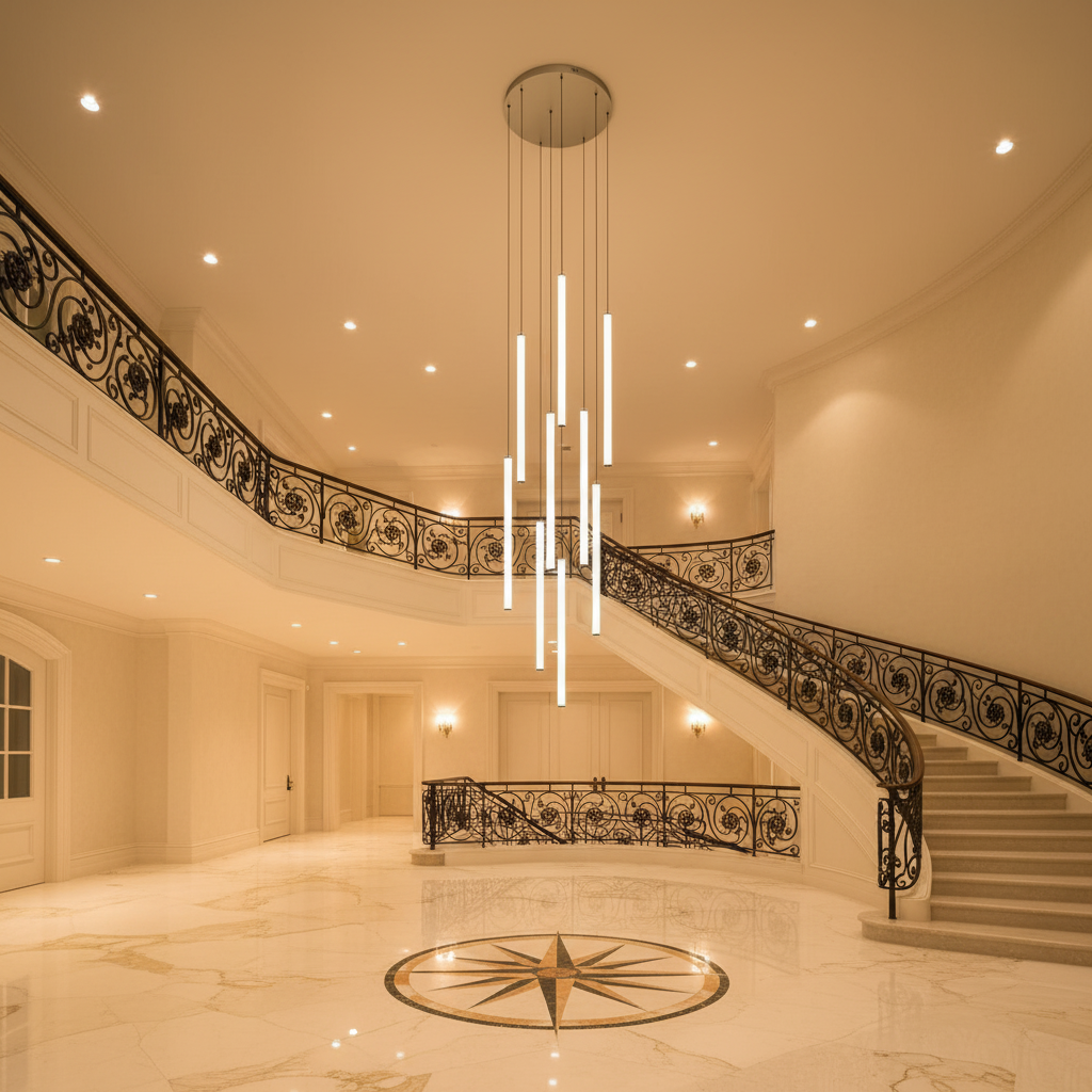 Riviko Aura Streamline White LED Pendant - grand American foyer with two-story ceiling