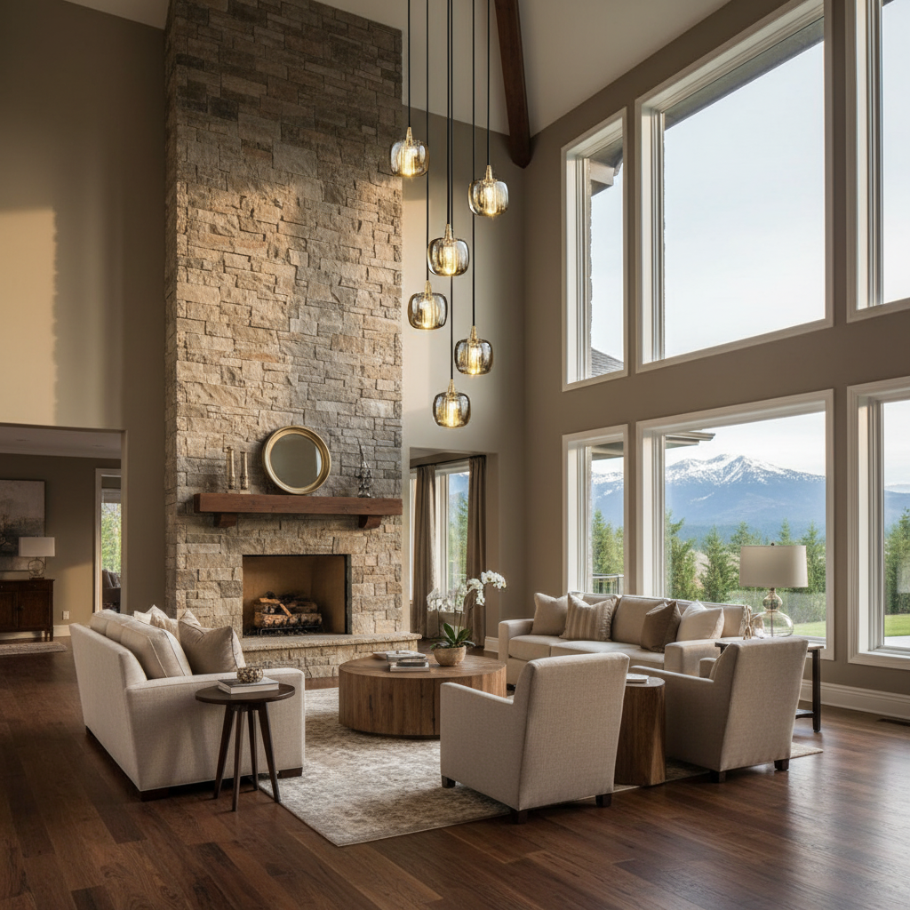 Riviko Grand Lumina Cascading Pendant Chandelier - American transitional great room with cathedral ceiling