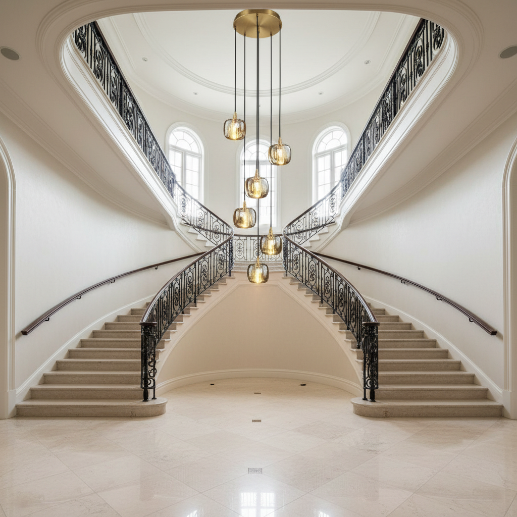 Riviko Grand Lumina Cascading Pendant Chandelier - dramatic American stairwell with soaring ceiling