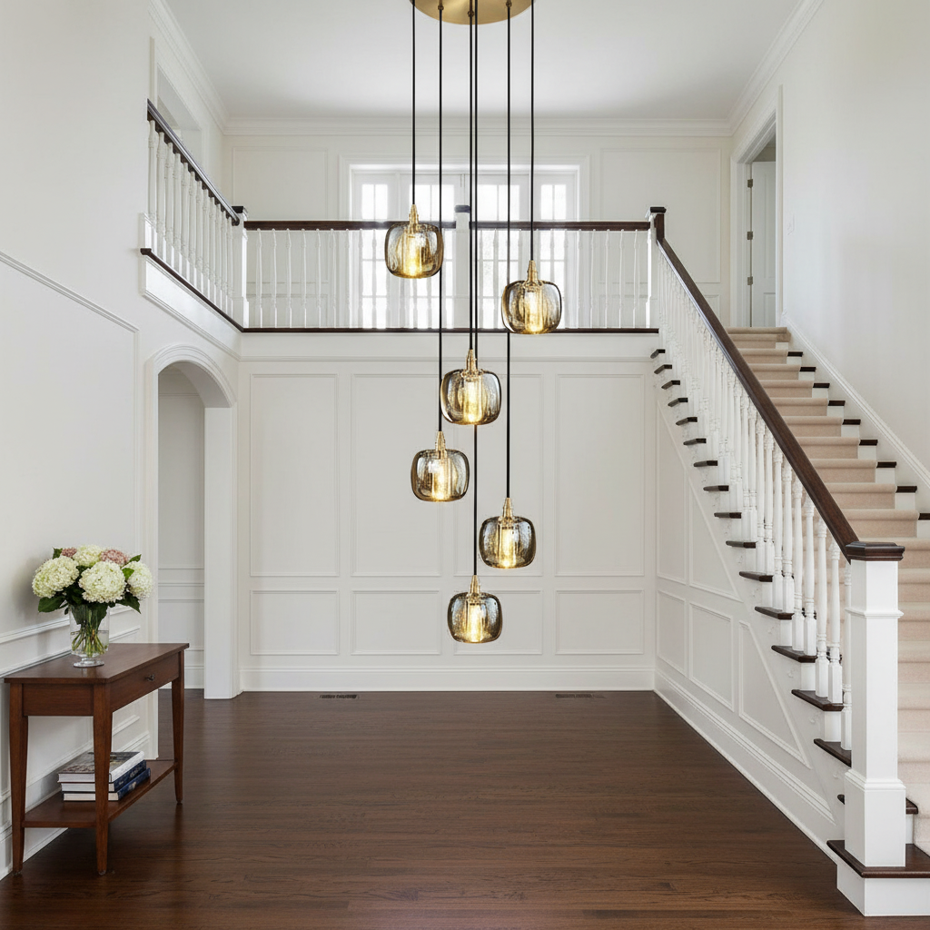 Riviko Grand Lumina Cascading Pendant Chandelier - elegant American entryway with arched doorway