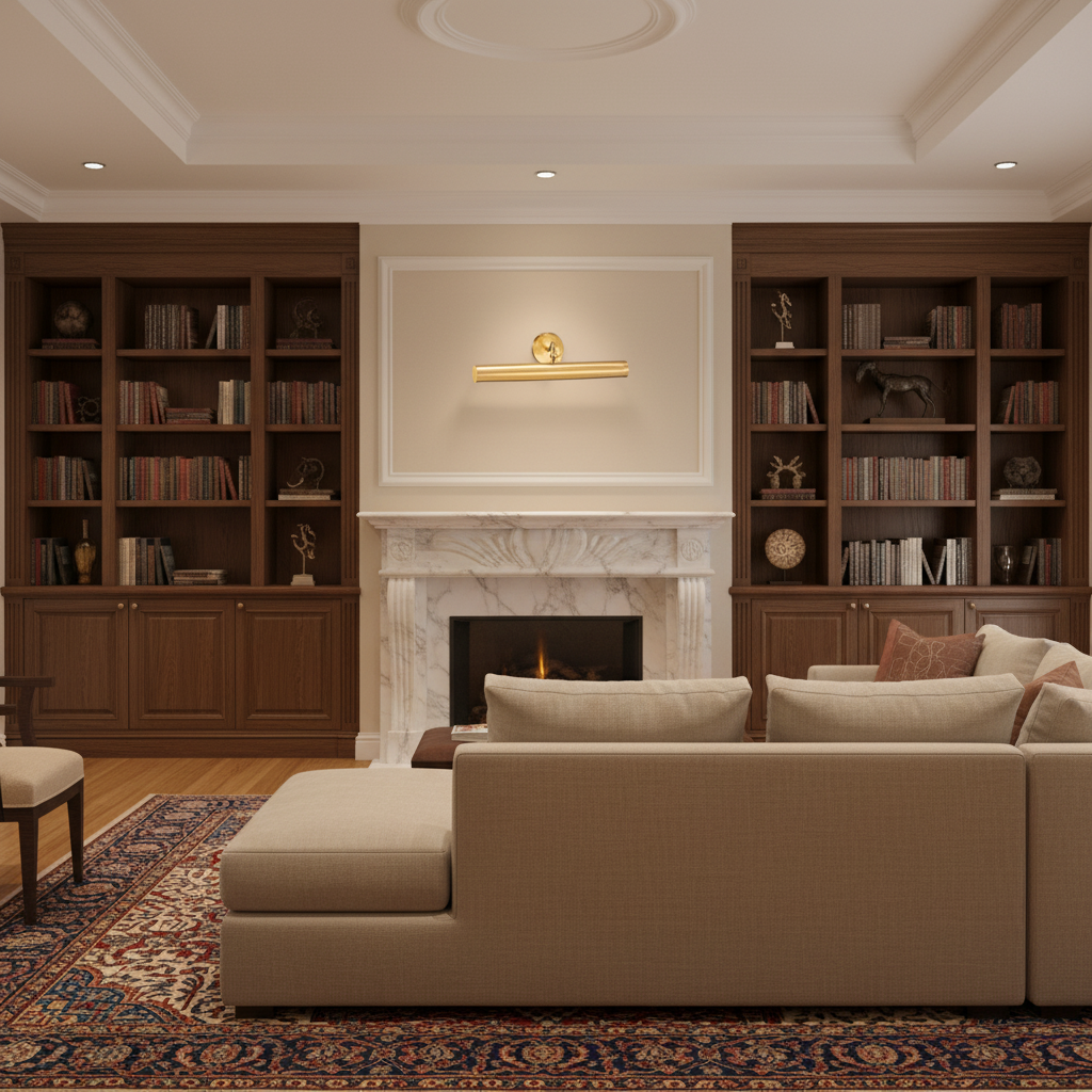 Riviko Artisan Gallery Picture Light - luxurious American living room with tray ceiling
