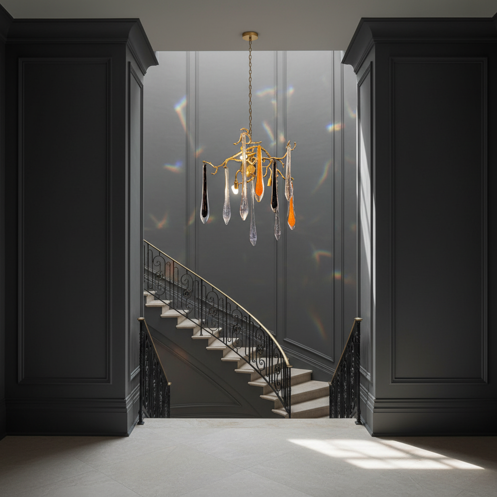 Riviko Gilded Branch Crystal Wall Sconce - dramatic American stairwell with soaring ceiling