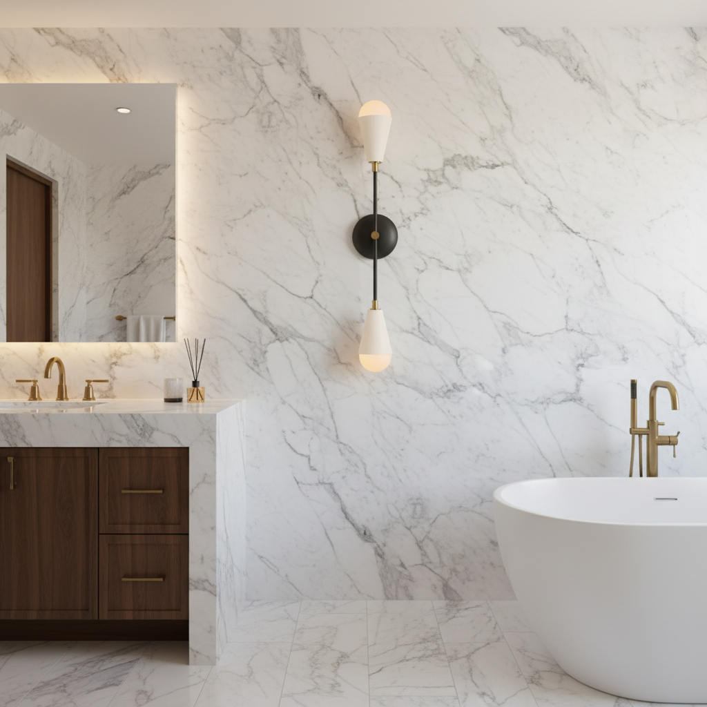 Riviko Geometric Triad Brass Wall Sconce - luxury American master bathroom