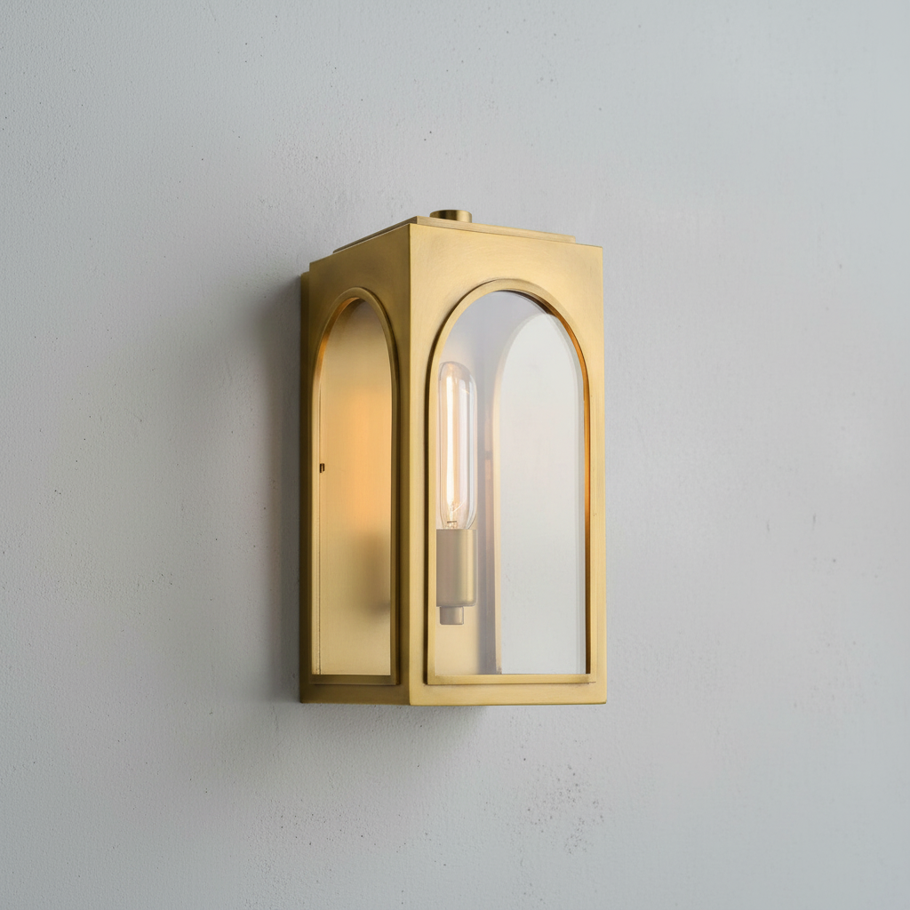 Riviko Veridian Brass Outdoor Wall Sconce - Background Shot