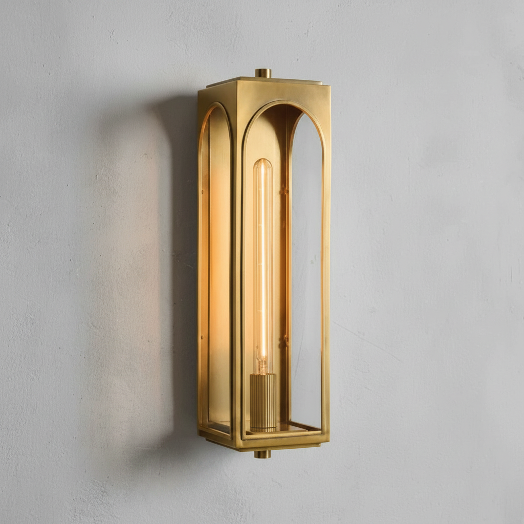 Riviko Veridian Brass Outdoor Wall Sconce - Background Shot