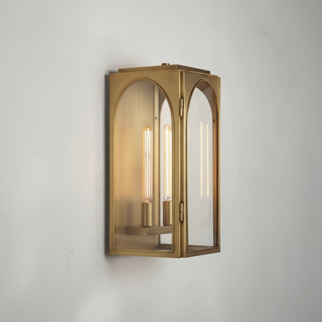 Riviko Veridian Brass Outdoor Wall Sconce - Background Shot
