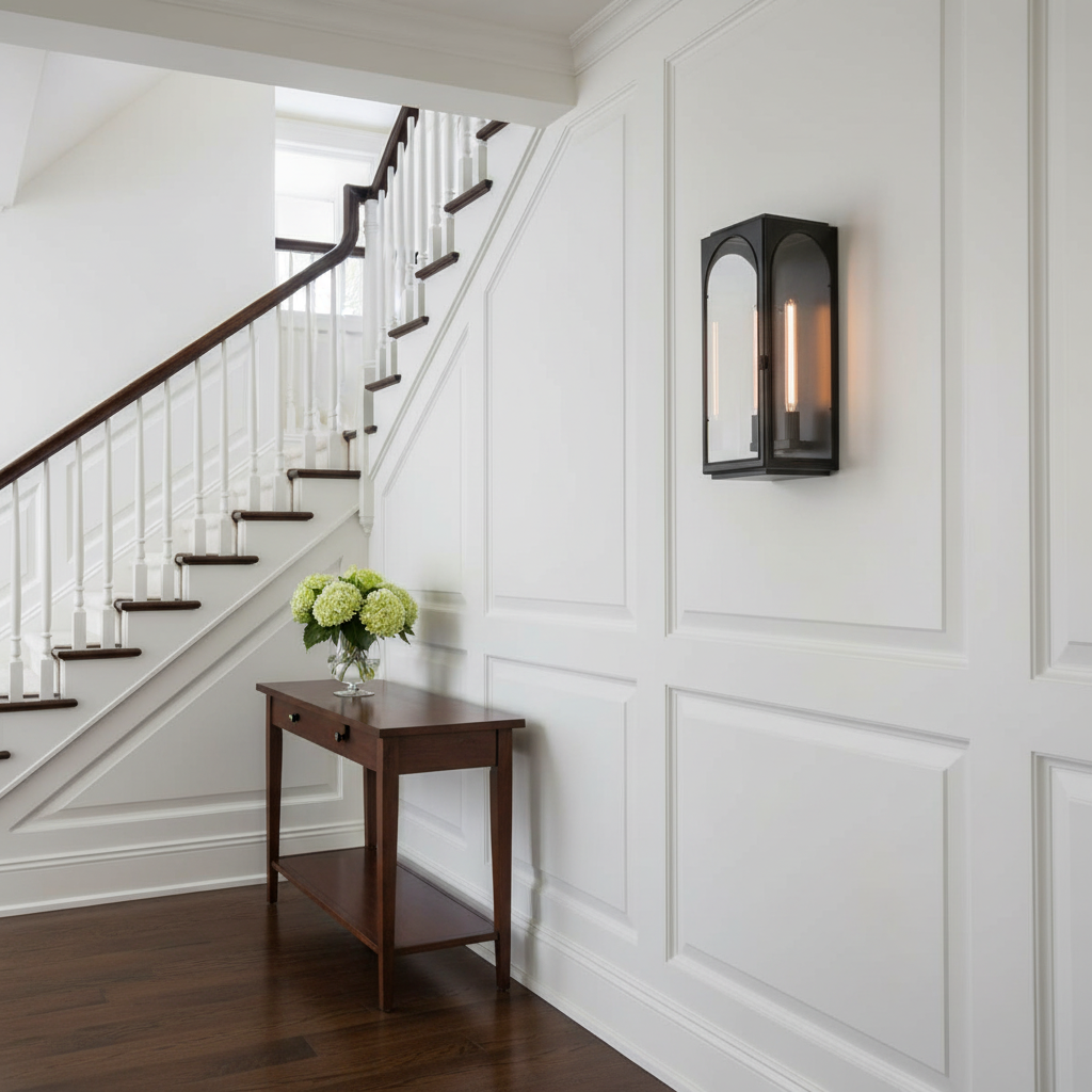 Riviko Veridian Brass Outdoor Wall Sconce - elegant American entryway with arched doorway