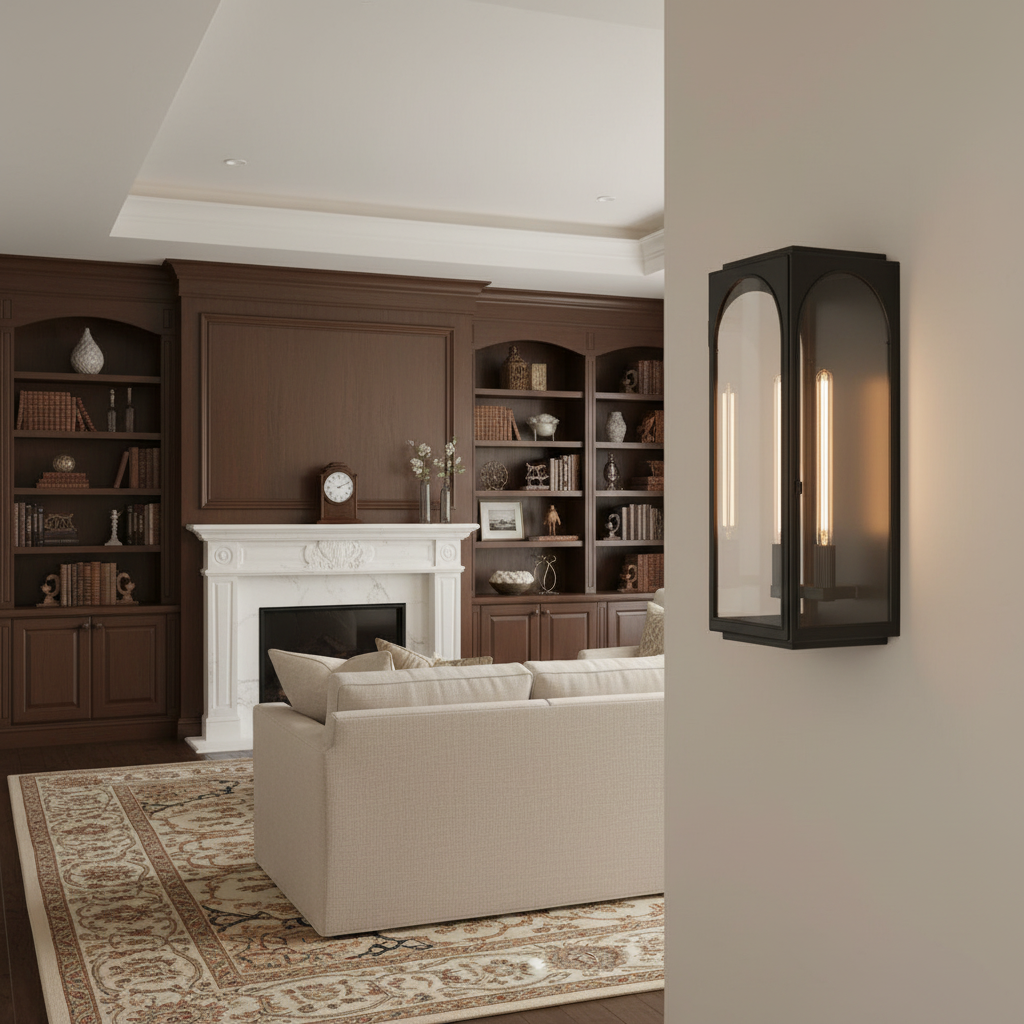 Riviko Veridian Brass Outdoor Wall Sconce - luxurious American living room with tray ceiling