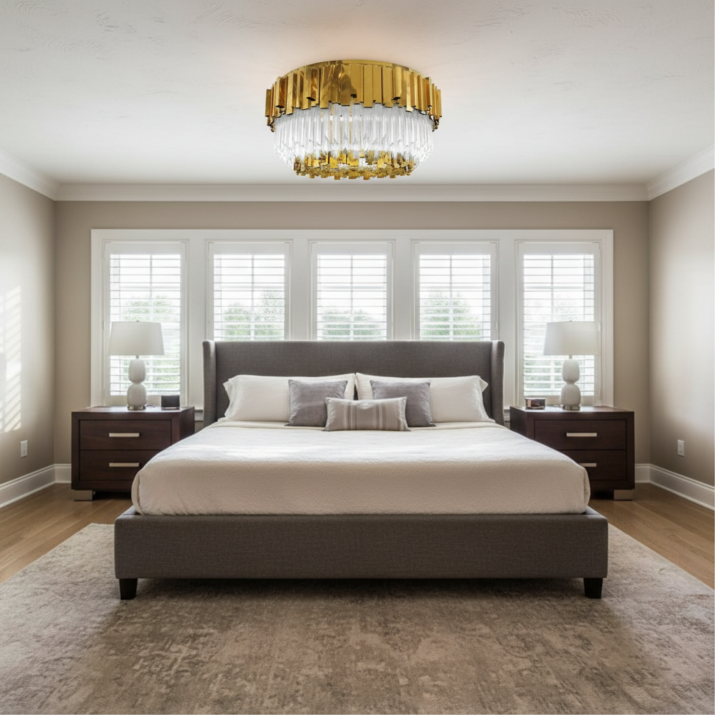 Riviko Radiant Crown Round Flush Mount - American master bedroom with standard ceiling