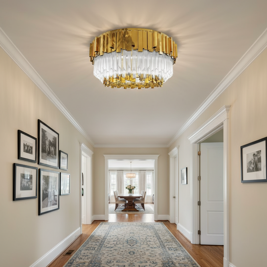 Riviko Radiant Crown Round Flush Mount - American transitional hallway