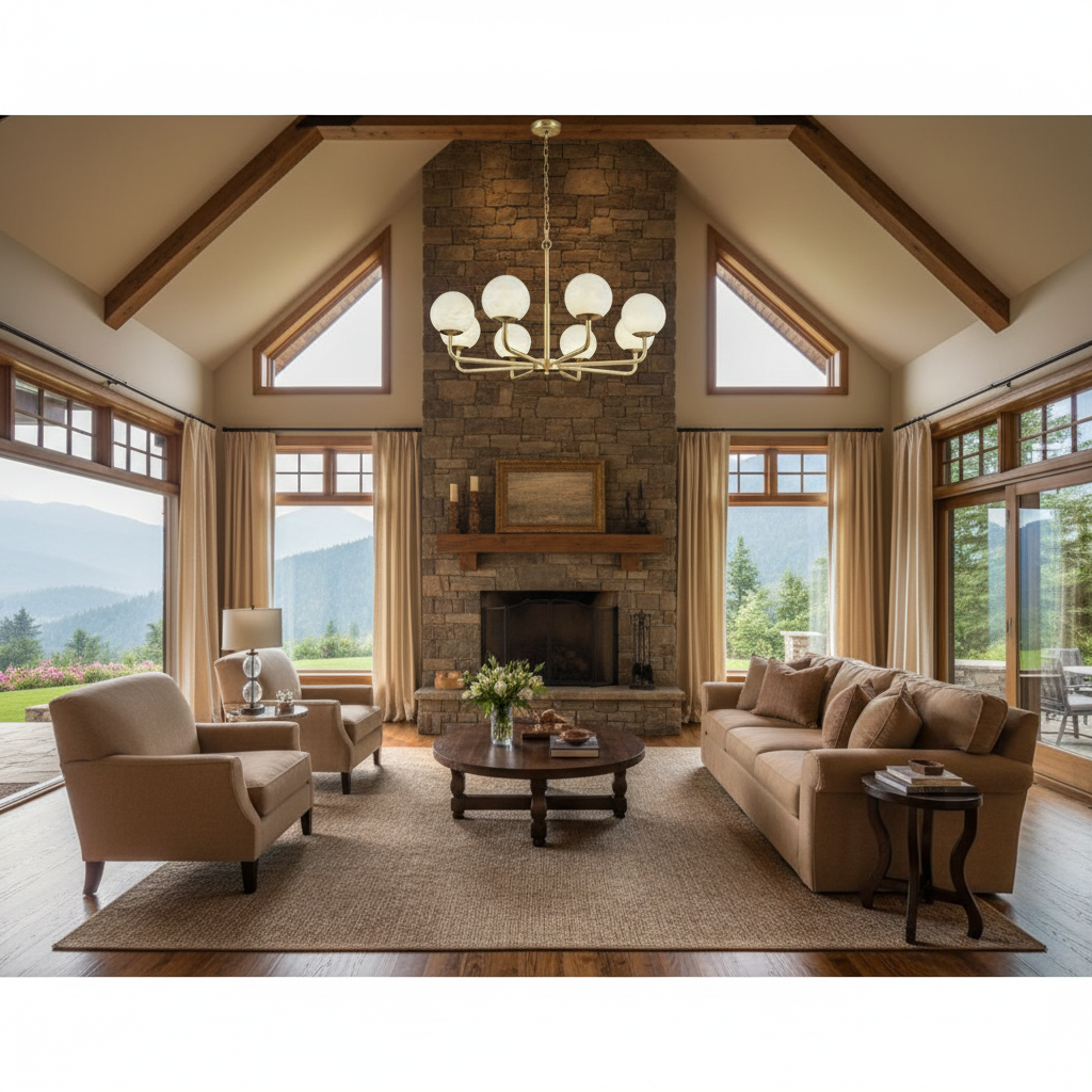 Riviko Alabaster Aura 6/8-Light Chandelier - American transitional great room with cathedral ceiling