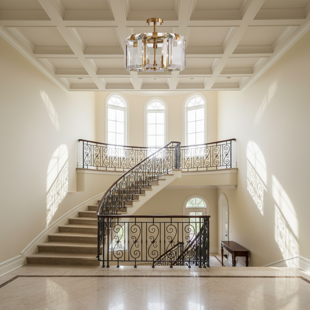 Riviko Radiant Prism 4-Light Flushmount - dramatic American stairwell with soaring ceiling
