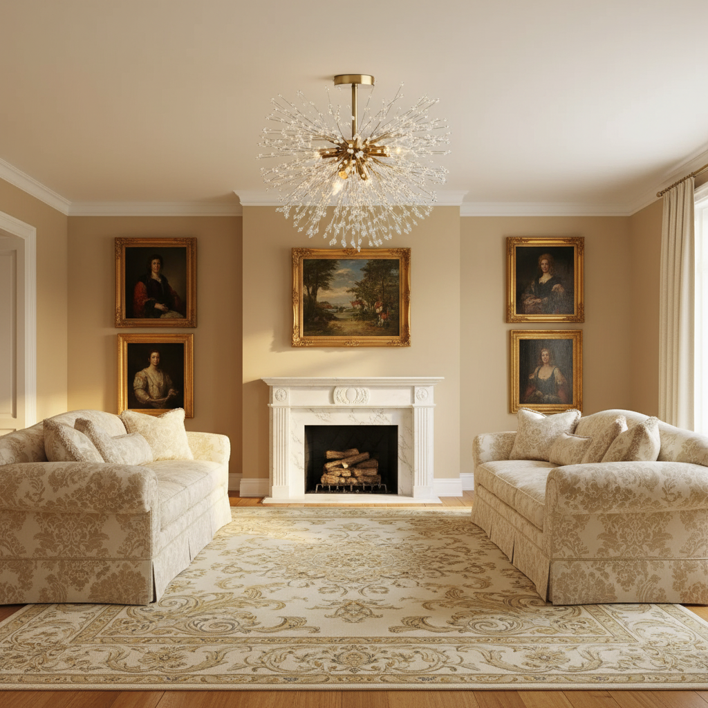 Riviko Stellar Bloom Crystal Flushmount - American formal living room with 12-foot ceilings