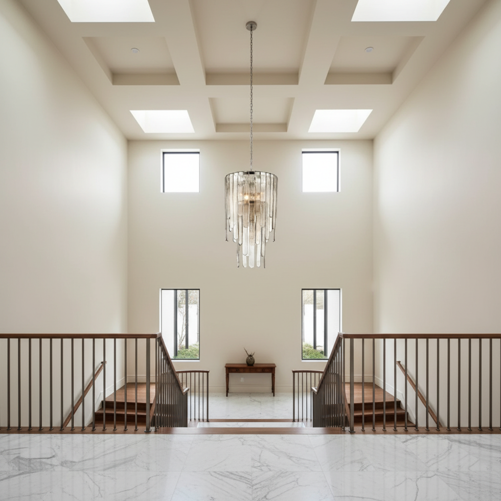 Riviko Cascading Lumina Tiered Chandelier - dramatic American stairwell with three-story void