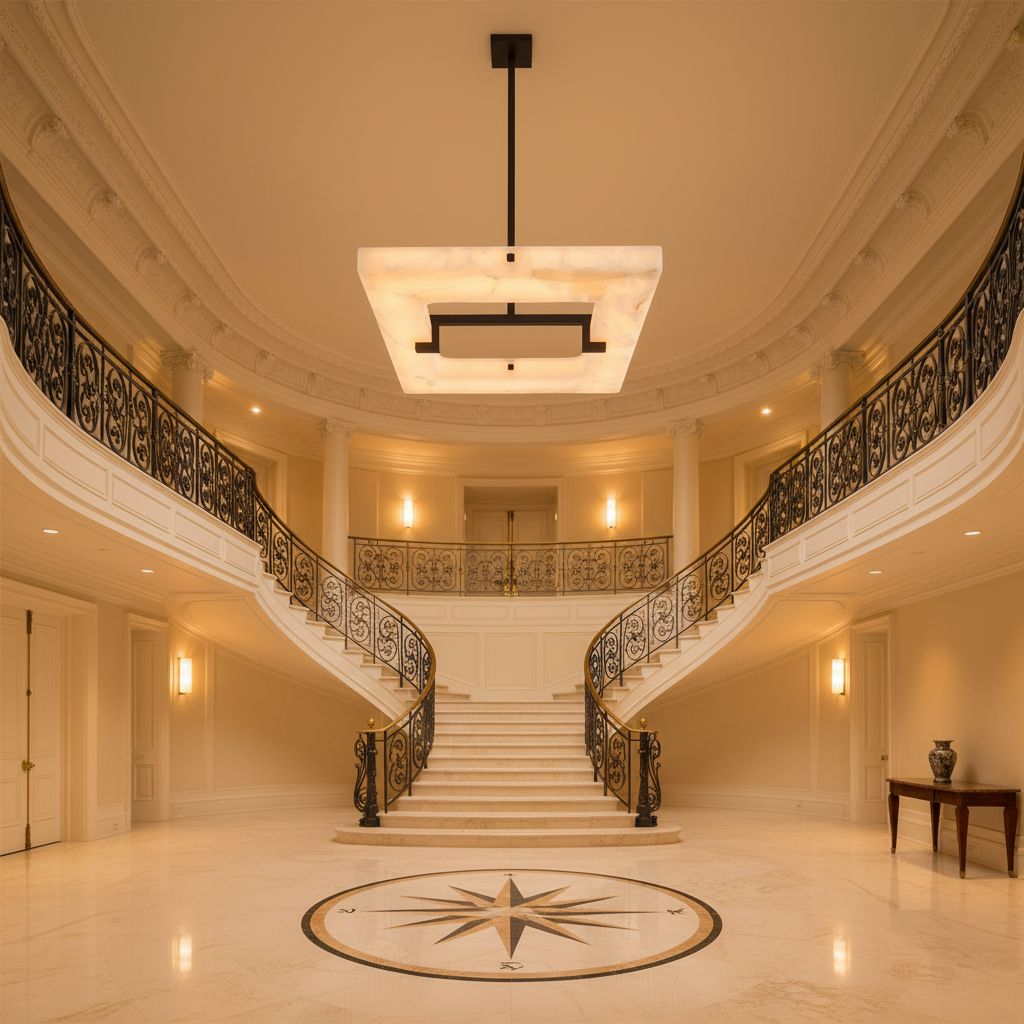Riviko Glacera Square Alabaster Chandelier - grand American foyer with two-story ceiling