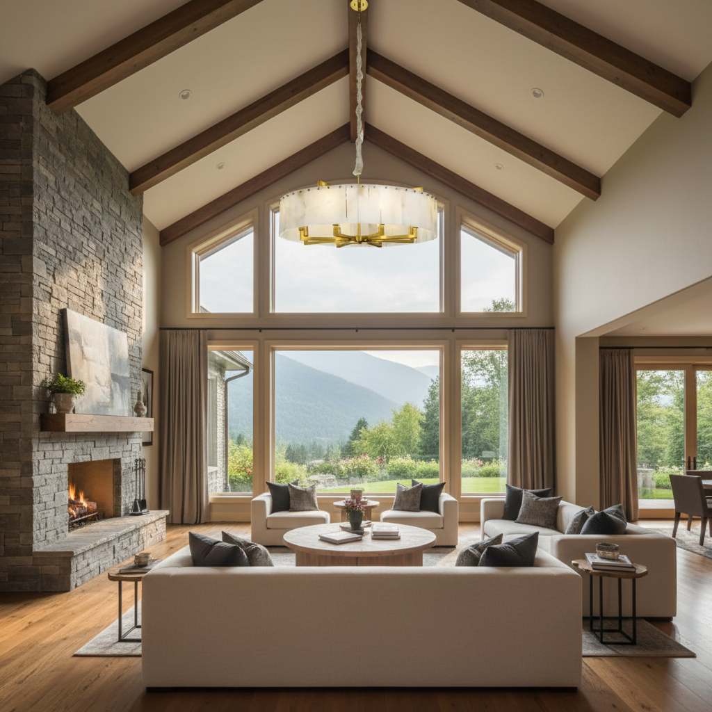 Riviko Aura Alabaster Round Chandelier - American transitional great room with cathedral ceiling