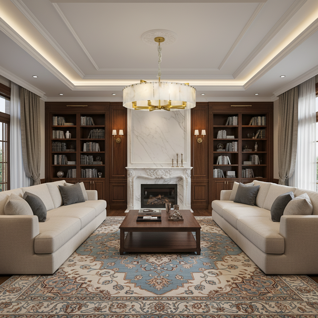 Riviko Aura Alabaster Round Chandelier - luxurious American living room with tray ceiling