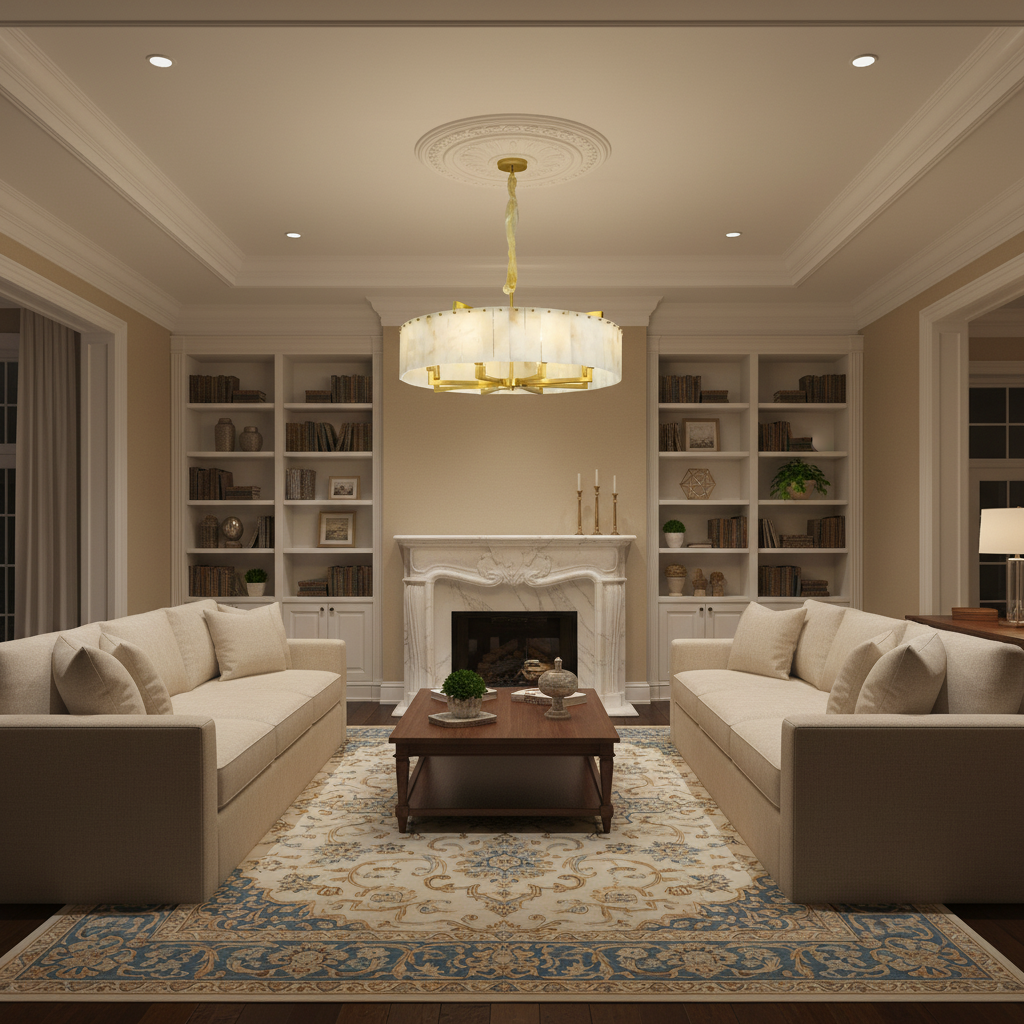 Riviko Aura Alabaster Round Chandelier - luxurious American living room with tray ceiling