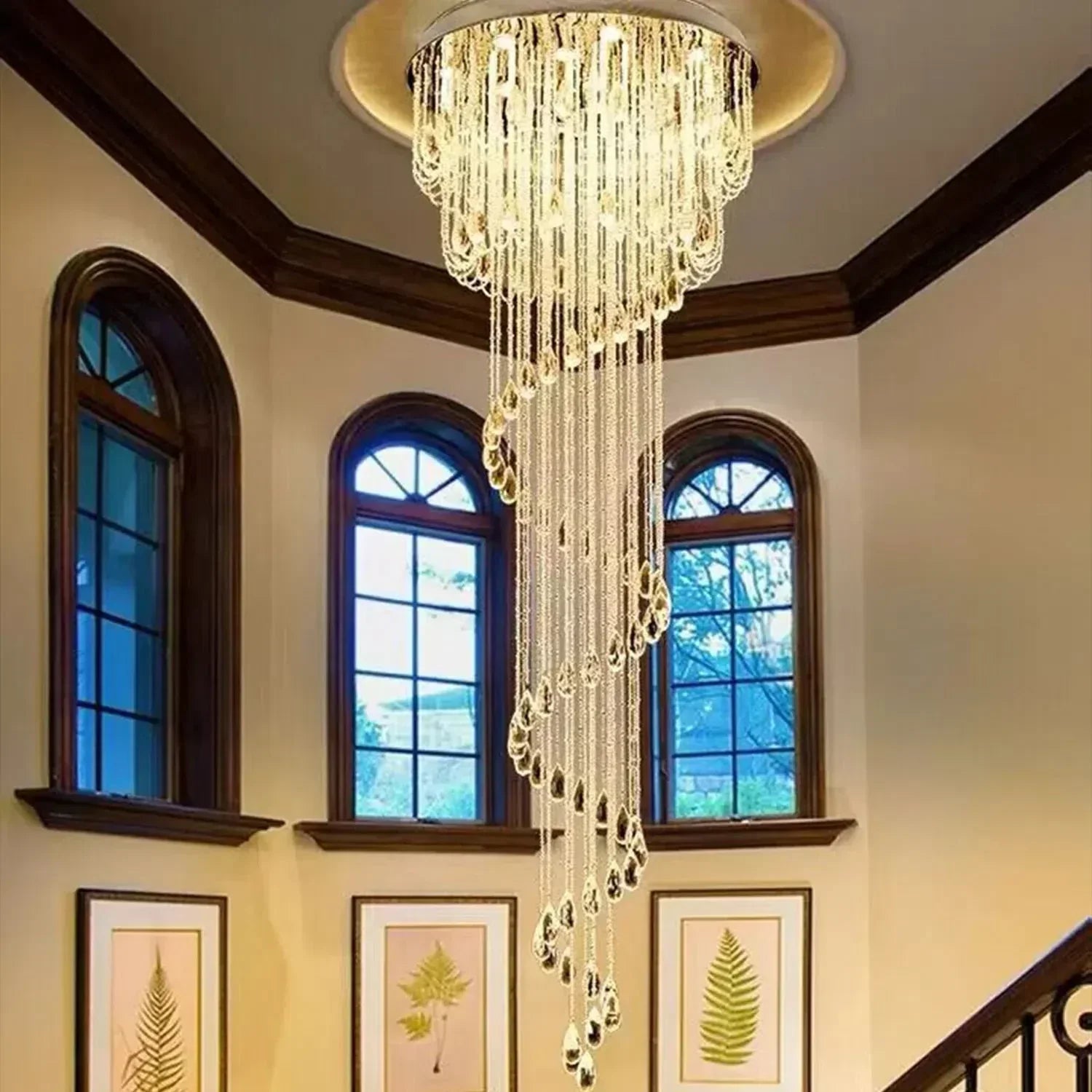 Riviko Grand Cascade Spiral Crystal Chandelier - American formal living room with 12-foot ceilings