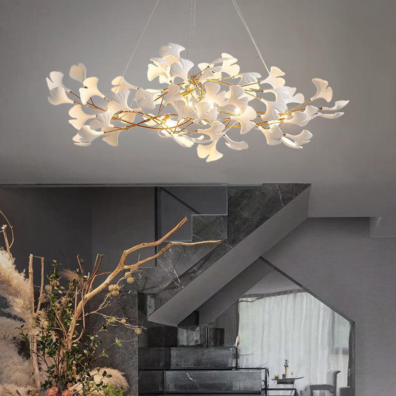 Riviko Ceramic Petal Modern Linear Branch Chandelier - grand American foyer with two-story ceiling