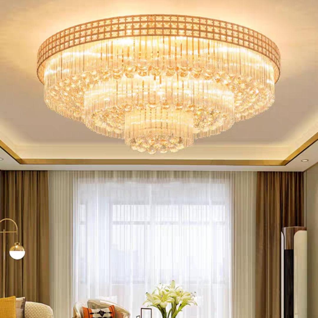 Riviko Grand Lumina Three-Tier Round Flush Mount Chandelier - American master bedroom with standard ceiling