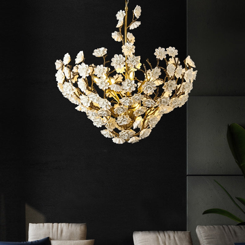 Riviko Verdant Bloom Brass & Ceramic Chandelier - luxury American master bathroom