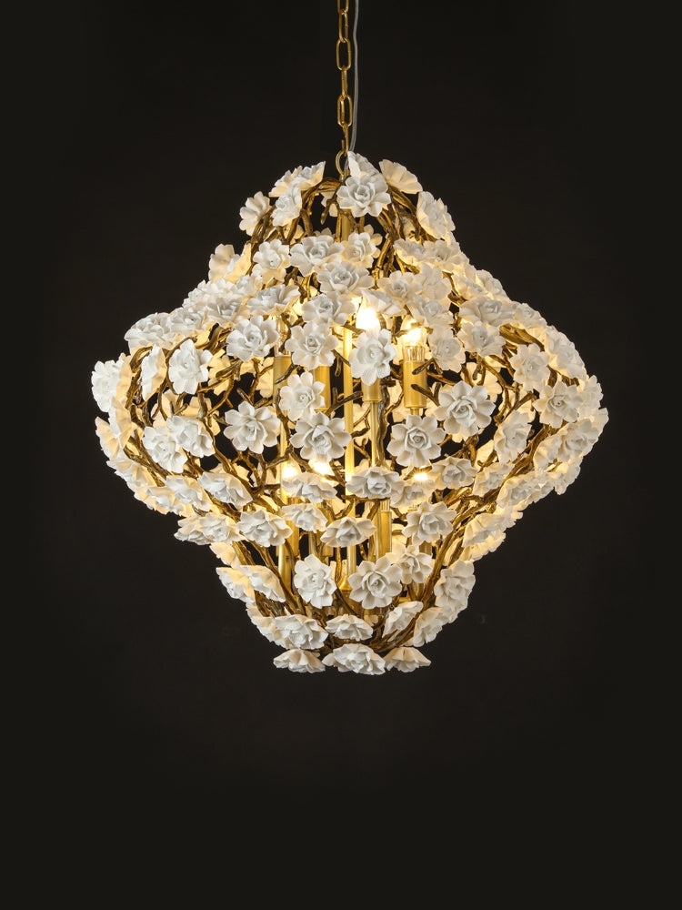Riviko Verdant Bloom Brass & Ceramic Chandelier - Background Shot